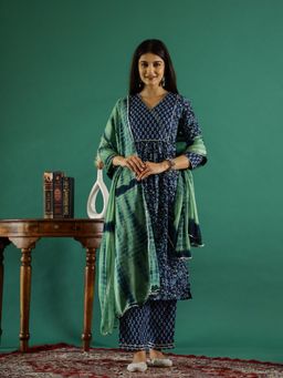 Gahan - Floral Printed Pure Cotton A-Line Kurta Pants & Dupatta (Set of 3)