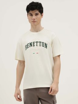 United Colors of Benetton - Men Cream Pure Cotton Boxy Fit T-Shirt