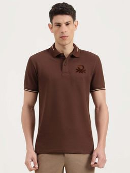 United Colors of Benetton - Men Brown Cotton Blend Regular Fit Polo T-Shirt