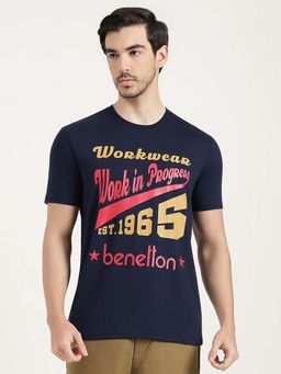 United Colors of Benetton - Men Blue Cotton Blend Relaxed Fit T-Shirt