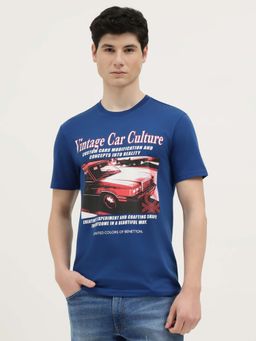 United Colors of Benetton - Men Blue Cotton Blend Relaxed Fit T-Shirt