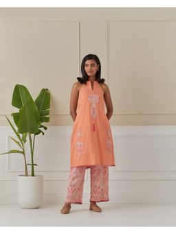 Naina Arunima - Nasturtium Dancing Peacock Halter Neck Peach Kurta with Palazzo (Set of 2)