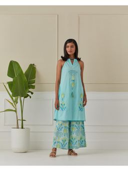 Naina Arunima - Aquamarine Dancing Peacock Halter Neck Blue Kurta with Palazzo (Set of 2)