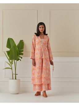 Naina Arunima - Orange Sherbet Dancing Peacock Jacket with Palazzo and Slip (Set of 3)