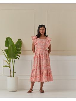 Naina Arunima - Peach Dancing Peacock Butterfly Sleeve Long Dress