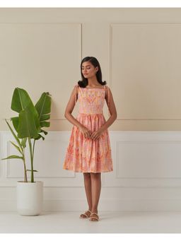 Naina Arunima - Orange Sherbet Dancing Peacock Sun Dress With Smocked Back