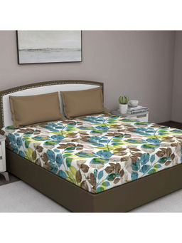 GM - Grey And Green Botanical 210 Tc Cotton Queen Bedsheet With 2 Pillow Covers