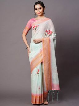 Odette - Sky Blue Festive Linen Blend Printed Saree with Unstitched Blouse