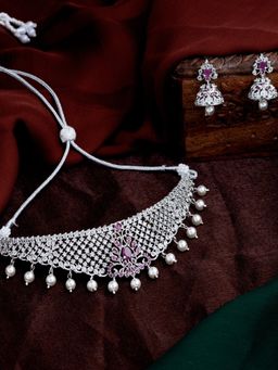 Estele - Rhodium Plated Cz Traditional Bridal Choker Set With Pearls For Women (Set of 2)