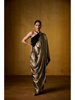 Label Iris - Gold Fringe Blouse with Golden Pant Saree