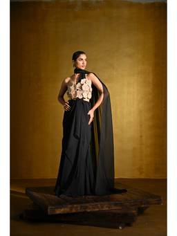 Label Iris - Golden Floral Blouse with Georgette Draped Saree