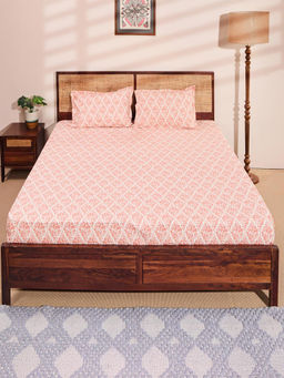 Fabindia - Orange Cotton Printed Bedsheet with Pillow Covers