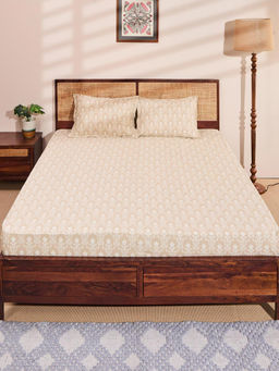 Fabindia - Beige Cotton Printed Bedsheet with Pillow Covers