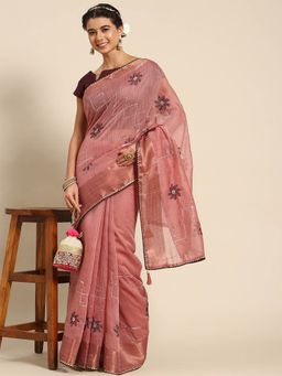 Odette - Pink Cotton Embroidered Saree with Unstitched Blouse