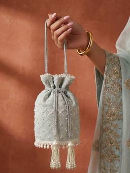 MasQ - Women's Premium Embroidered Mint Potli Bag with Pearl Tassels and Handle
