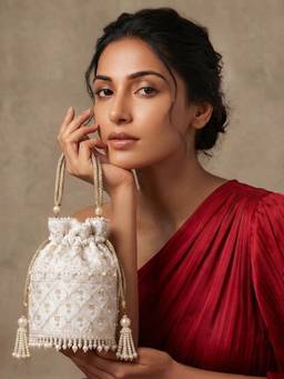 MasQ - Women's Premium Embroidered White Potli Bag with Pearl Tassels and Handle