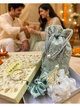 MasQ - Embroidered Mint Potli Bag With Pouch, Scrunchies And Pearl Bracelet