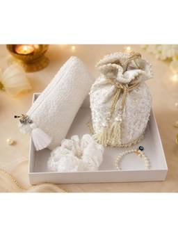 MasQ - Embroidered White Potli Bag With Pouch, Scrunchies And Pearl Bracelet