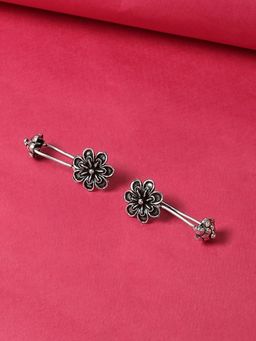OOMPH - Pair of Oxidised Silver Floral Ethnic Ear Cuff Earrings