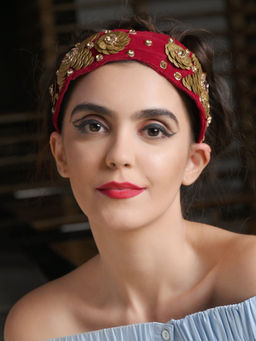 Odette - Maroon Red And Golden Flower Velvet Hairband