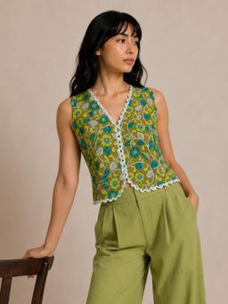 WineRed - Women Floral Print Waistcoat Crop Top
