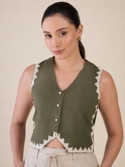 WineRed - Women Olive Lace Detailed Waistcoat Crop Top