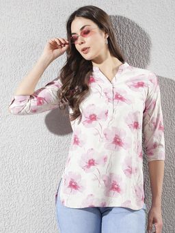 CRIMSOUNE CLUB - Womens Linen Pink Floral Printed V-Neck Top