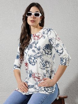 CRIMSOUNE CLUB - Womens Linen Blue Floral Print Top