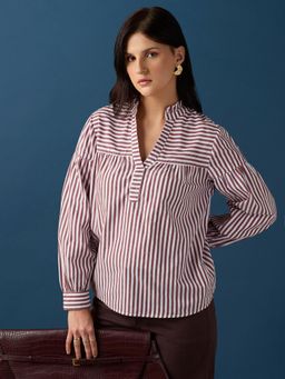 Globus - Women Brown Frill Detail Striped Loose Fit Workwear Top
