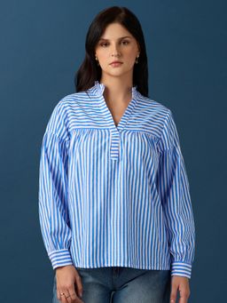 Globus - Women Blue Frill Detail Striped Loose Fit Workwear Top