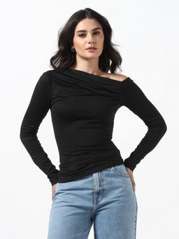 Guess - Women Anita Jet Black Solid One Shoulder Full Sleeves Knit Top
