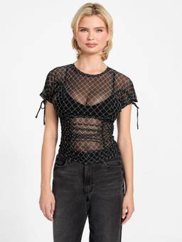 Guess - Women Black Printed Round Neck Knit Regular Fit Sheer Top