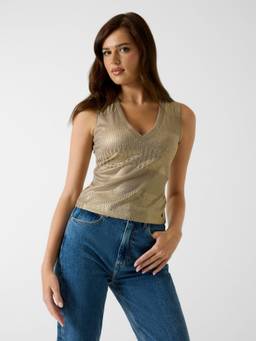 Guess - Women Marilina Taupe Self Design V-Neck Knit Regular Fit Top