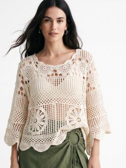 Outzidr - Cream Bell Sleeve Crochet Top