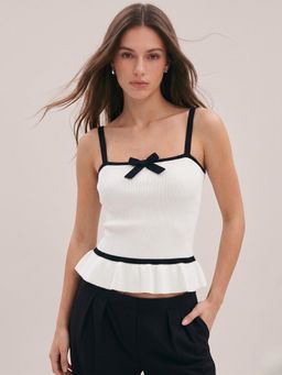 Outzidr - White Strappy Contrast Piping Peplum Top With Small Bow Detail