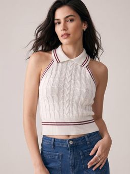 Outzidr - White Collared Contrast Tipping Cable Knit Top