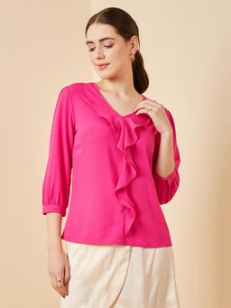 RARE - Women Casual Hot Pink Colour V-Neck Solid Regular Top