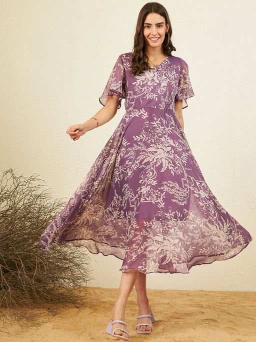 Buy RARE Women Casual Purple Colour Midi Floral Dress Online