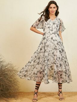 RARE - Women Casual Grey Colour Midi Floral Dress