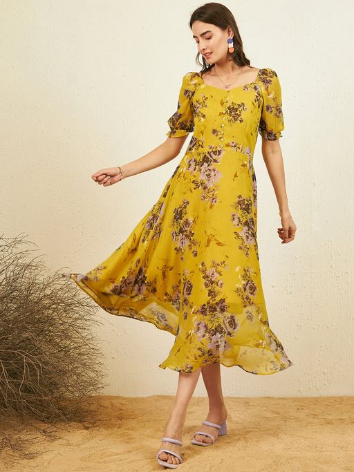 Buy RARE Women Casual Yellow Colour Midi Floral Dress Online