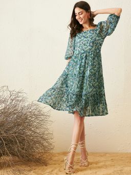 RARE - Women Casual Green Colour Knee Floral Dress