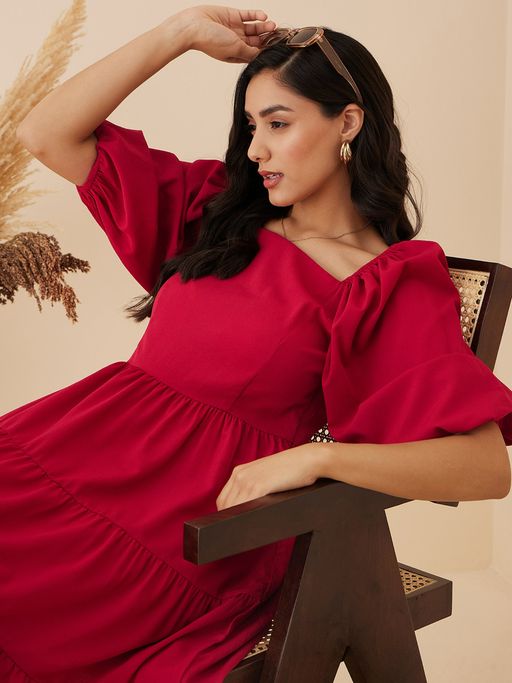casual maroon color dress Women's Dress: Burgundy Gathered Long Dress Burgundy / 2XL