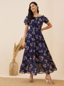 RARE - Women Casual Navy Blue Colour Off Shoulder Maxi Floral Dress