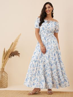 RARE - Women Casual White Colour Off Shoulder Maxi Floral Dress
