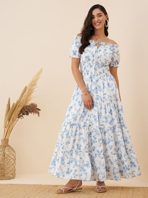 Buy RARE Women Casual White Colour Off Shoulder Maxi Floral Dress Online