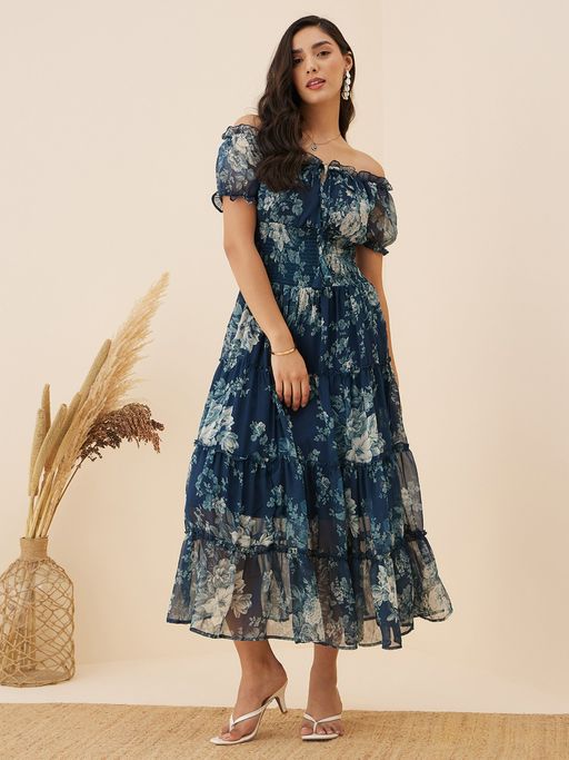 Buy RARE Women Casual Teal Blue Colour Off Shoulder Midi Floral Dress Online