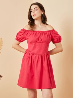 RARE - Women Casual Red Colour Above Knee Solid Dress