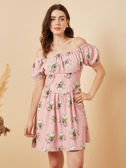RARE - Women Casual Peach Colour Above Knee Floral Dress