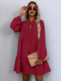 RARE - Women Casual Maroon Colour Mini Solid Keyhole Neck Dress
