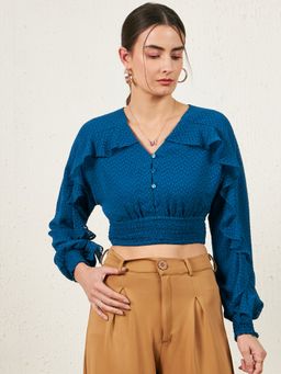 RARE - Women Casual Teal Blue Colour V-Neck Self Design Cinched Waist Top